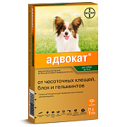 Капли на холку Адвокат, для собак, от клещей, блох и гельминтов, до 4 кг, 1 пипетка